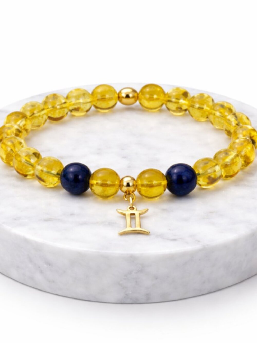 Gemini Citrine Lapis Lazuli Bracelet Gold Zodiac Charm Beaded Stretch Jewelry